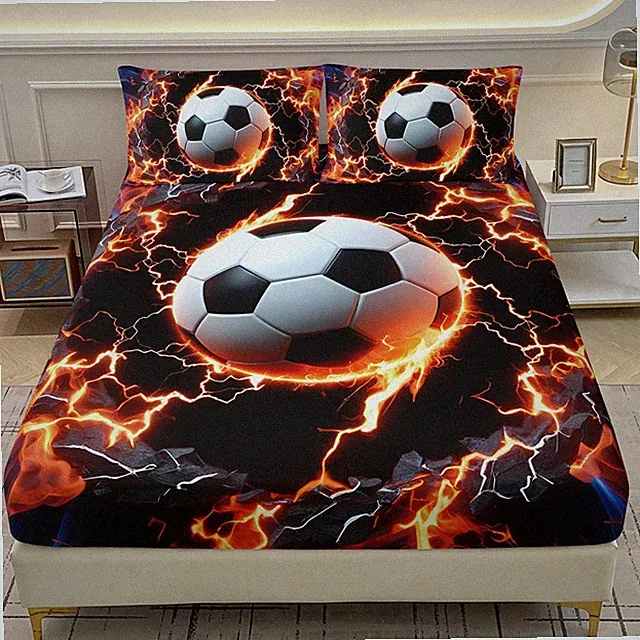 3D Soccer Print Fitted Set Twin XL Size,Sports Sheets for Boys,3-Piece Featur...