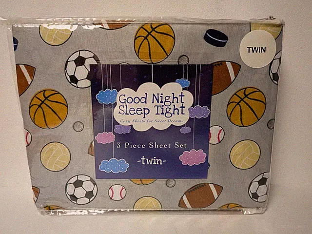 3PC SHEET SET Good Night Sleep Tight TWIN Sports Basketball Football Soccer New