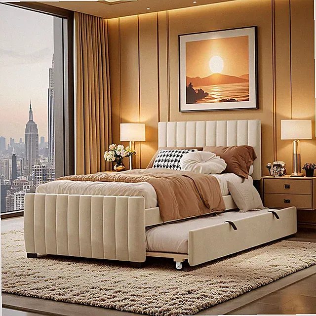 Beige Twin Upholstered Platform Bed with Trundle & Striped Headboard