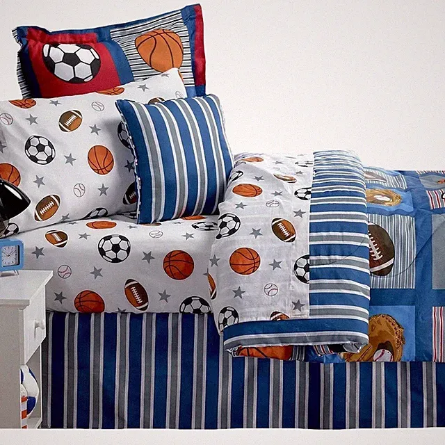 Boys Sports Patch QUEEN 10pc Blue Reversible Comforter Set Sheets Valance Drapes