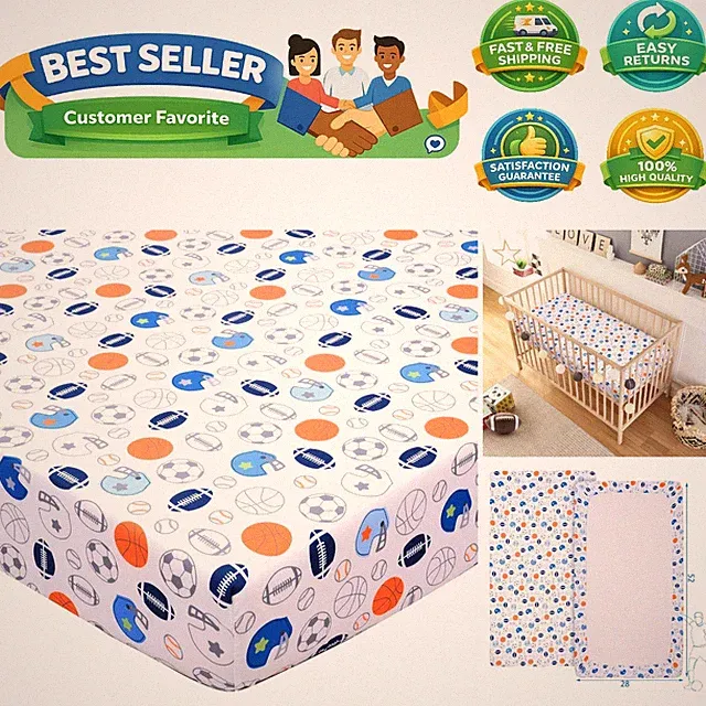 Crib Sheet - 1 Pack Sports Theme Nursery Bedding Sheet - Footballs Printed St...