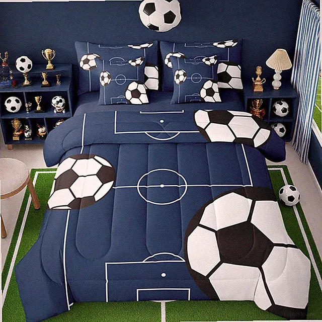 Football Bedding Set Full Size 7 Pieces Kids Soccer Ball Pattern for Boys Gir...