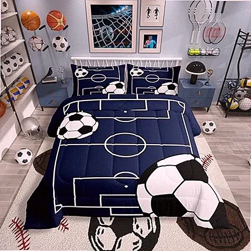 Football Boys Comforter Set Size Soccer Ball Pattern Full Blue White Black