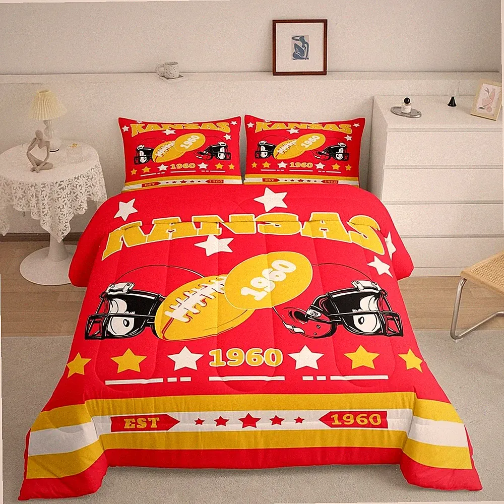 Football Comforter Set Kansas Twin Size Bedding Set for Boys Girls Football F...