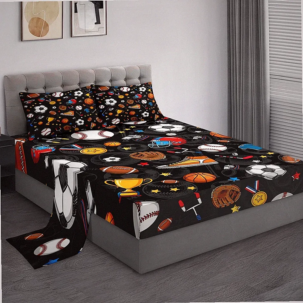 Full Size Bed Sets, Basketball Football Baseball Soft Microfiber 4 Pcs Beddin...
