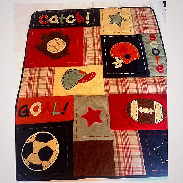 Kids Sports Patchwork Quilt Corduroy Plaid Blanket, Baseball, Football ,Soccer