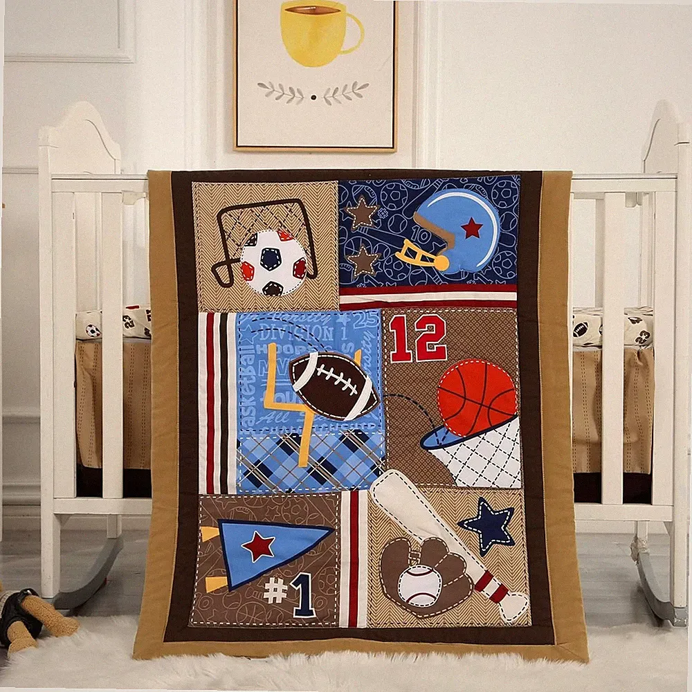 Sports Crib Bedding Set Boys 3Pcs Football Basketball Soft Comforter Sheet Skirt