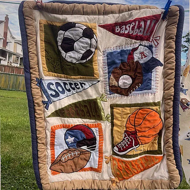 Sports Crib Toddler Bed Quilt and Fitted Sheet Football Baseball Athlete