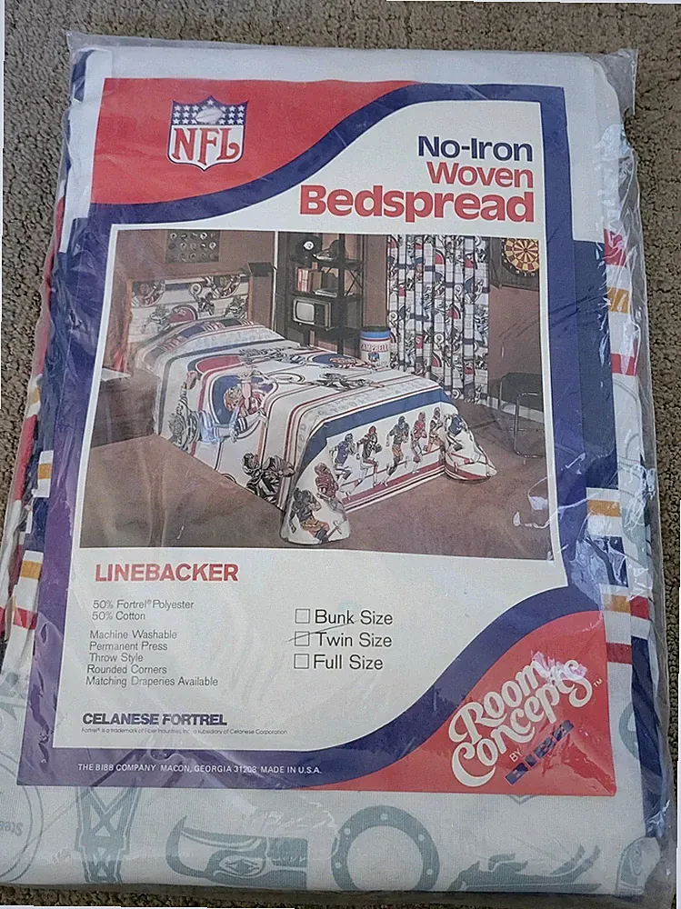 Vintage 1980s Linebacker NFL Football Bed Bedding Bibb Bedspread New Sealed Twin