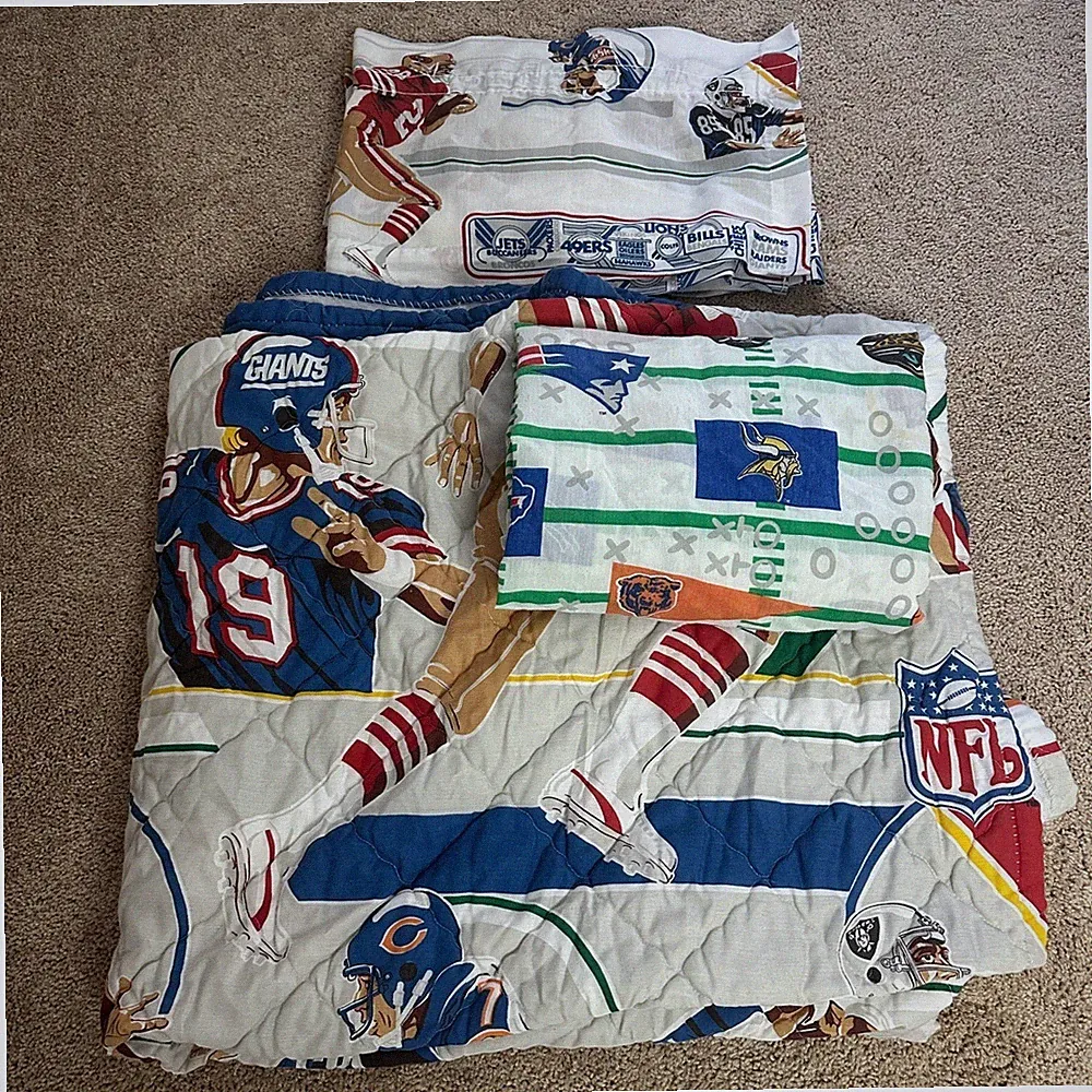 Vtg 90s NFL Football Quilted Bedding Set Kids Twin Bedspread Window Sheet